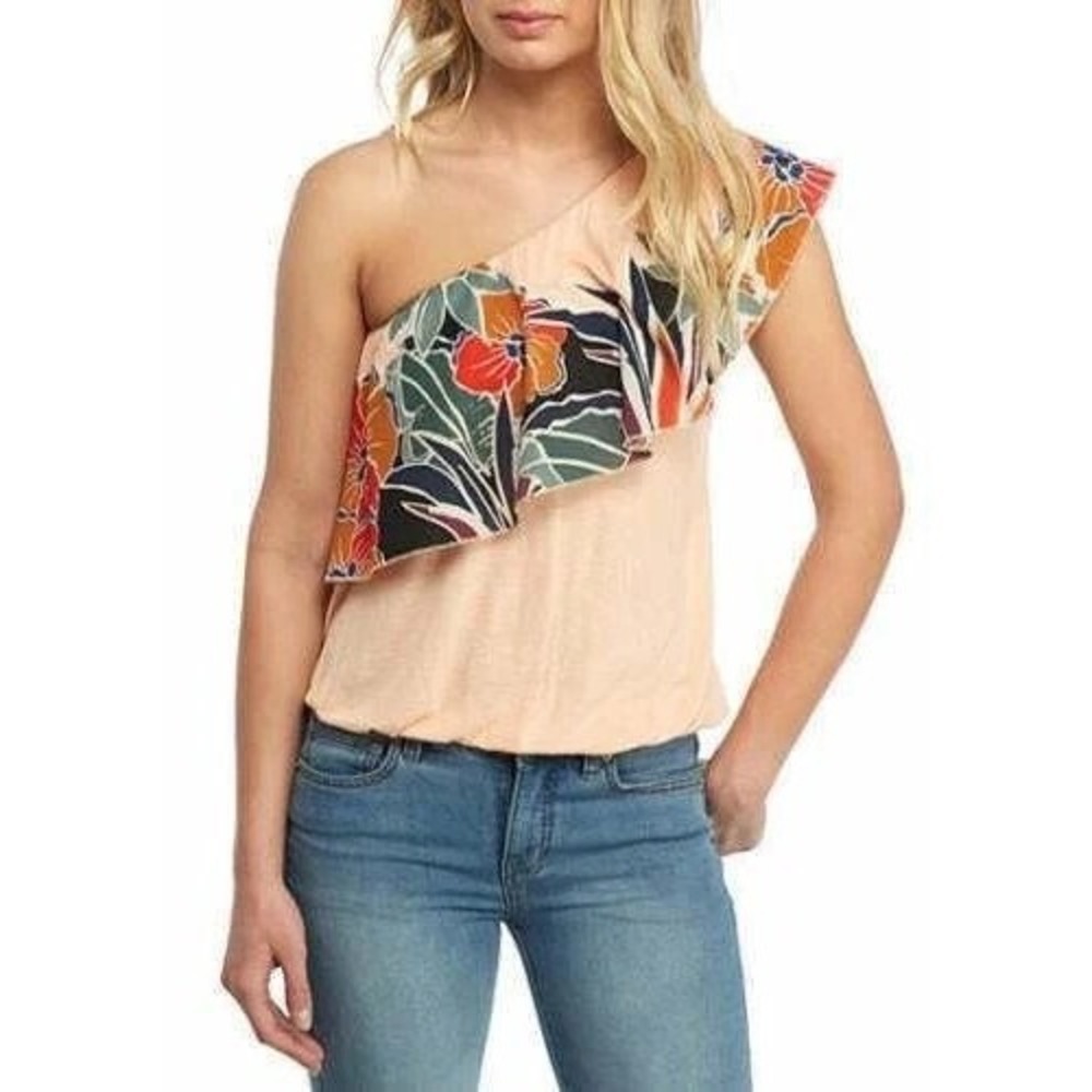 Free People Annka One Shoulder Bubble Blouse in Peach Size Medium NEW